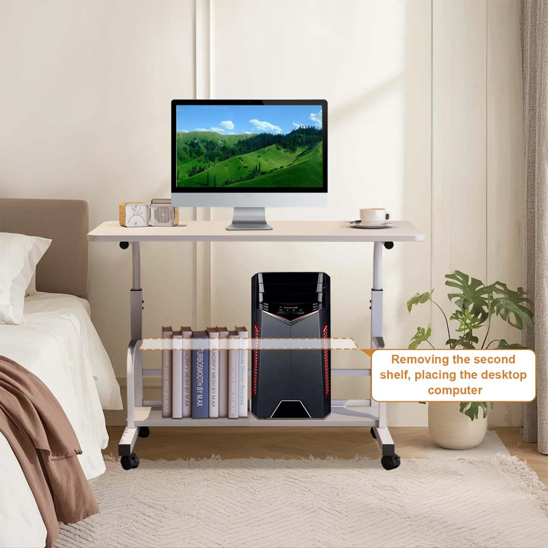 Bureau d'ordinateur portable à roulettes portatif à hauteur ajustable pour petits espaces avec tablettes de rangement pour bureau personnel