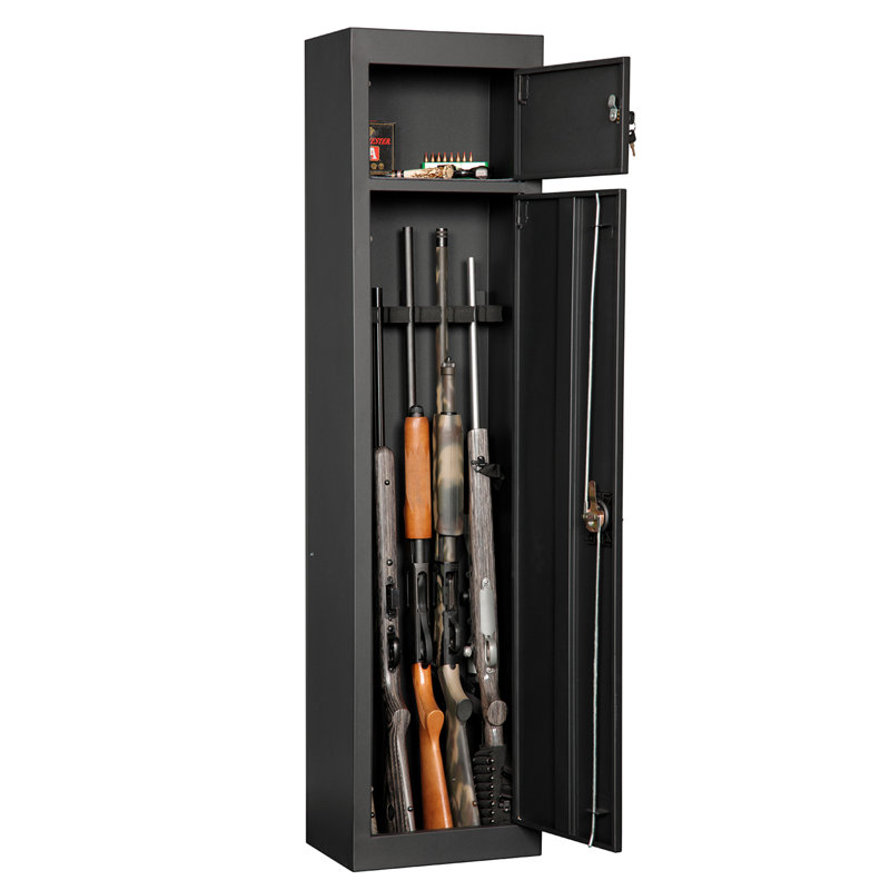 Black Metal 5-Rifle Locking Gun Storage Cabinet with Pistol Compartment
