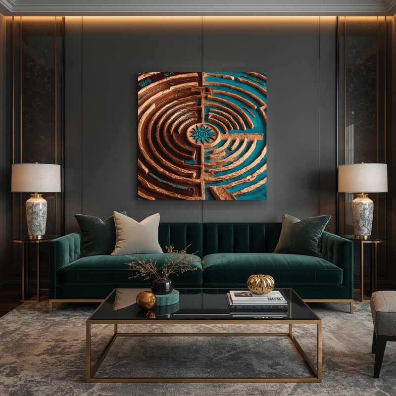 «Southwestern Patterns Labyrinth Maze 216», art mural sur toile grise, H 16 po x l 16 po