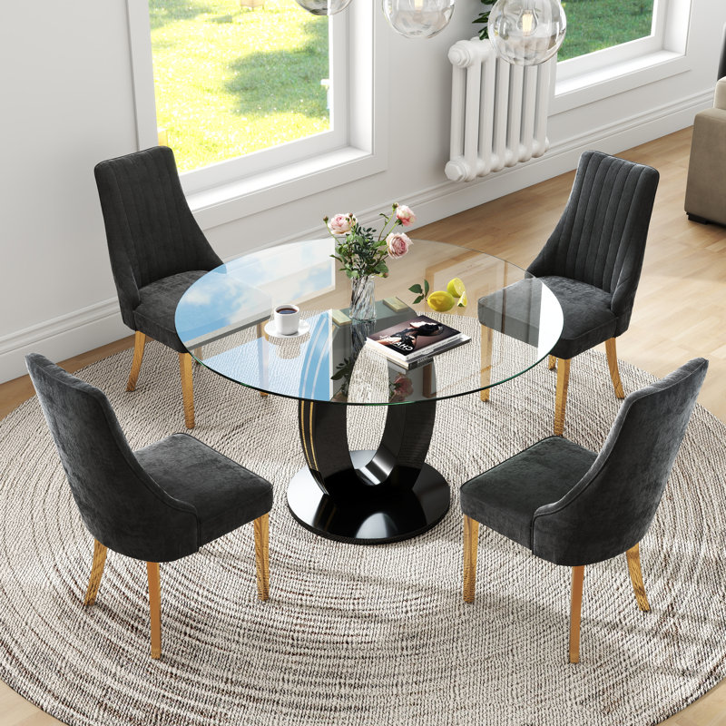 Modern Round Tempered Glass Pedestal Dining Set with Chenille Upholstery Dininig Chair, Black, Black, Black/Gold