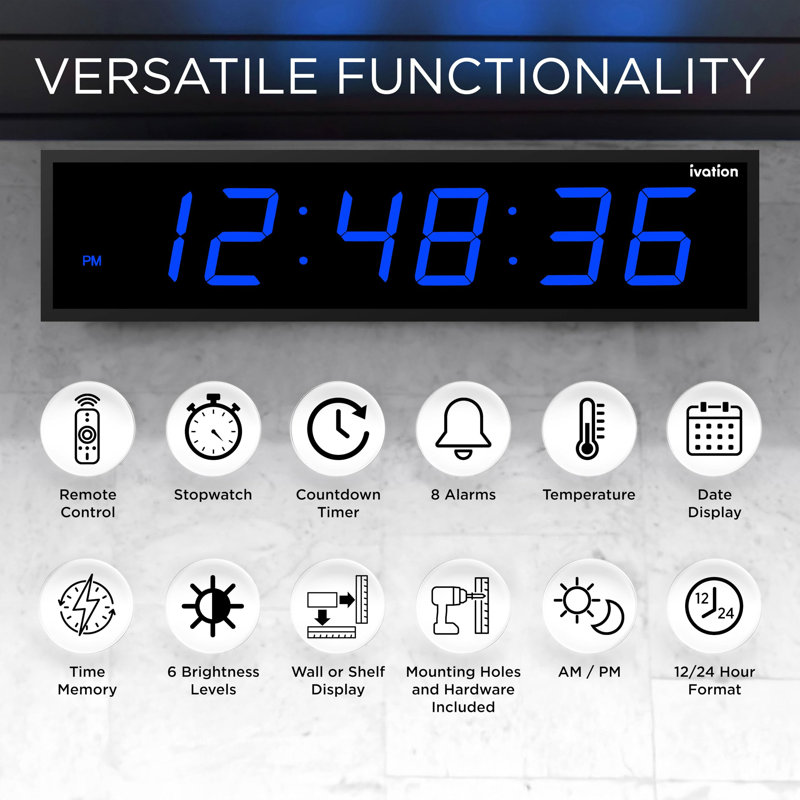 Horloge murale numérique à DEL, 14.2" H x 59" W x 1.6" D, Bleu