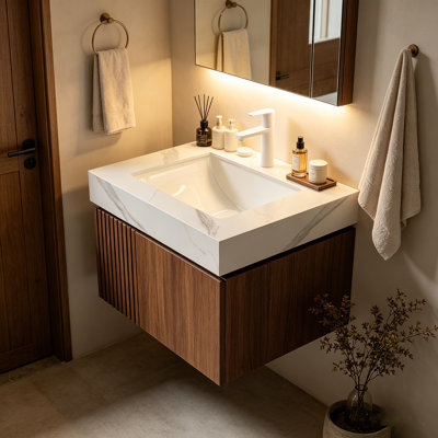 Ensemble de meuble-lavabo 24 po à grain de bois de chêne brun, armoire de rangement en contreplaqué flottant avec 2 portes, plateau en pierre frittée blanche et lavabo en céramique avec trous de robinet pré-percés, pré-assemblé