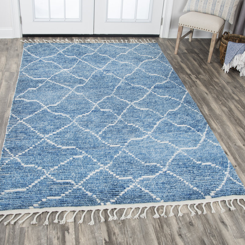 Tapis bleu en laine noué à la main Wilkinson, Rectangle 5 pi 6 po x 8 pi 6 po