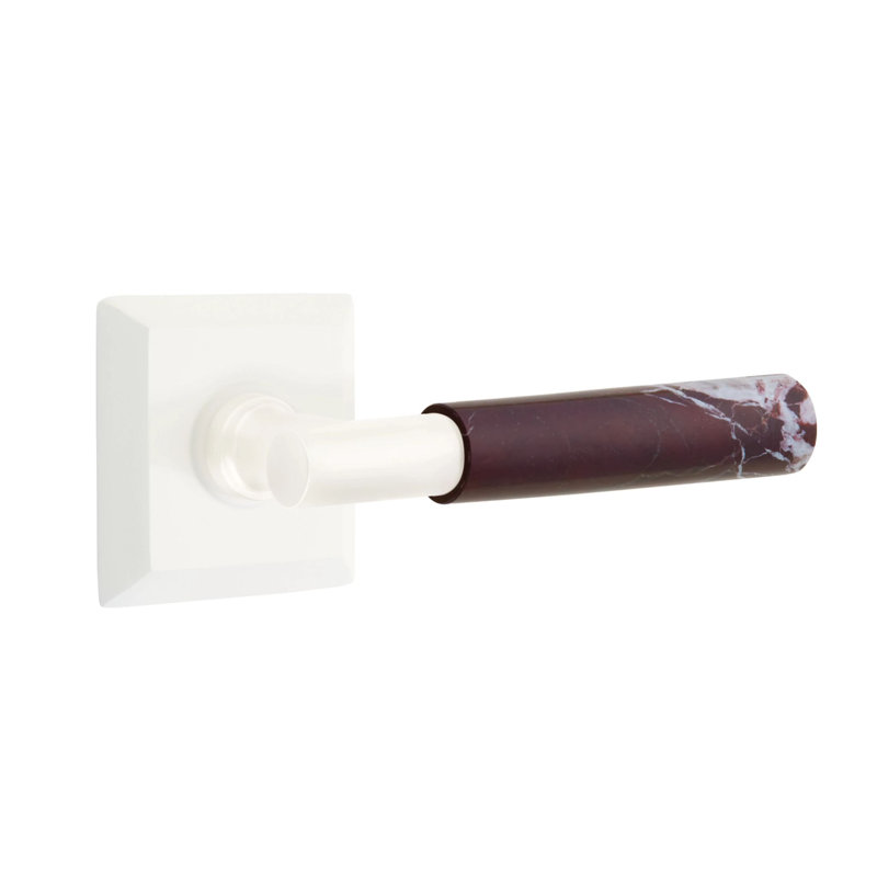 Ensemble de leviers de passage Emtek Select avec rosette Quincy et tige en T, levier en marbre Rosso Levanto, Blanc mat, Oui