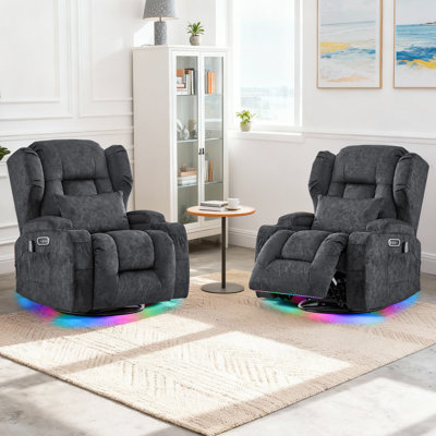 Dual Motor Power Swivel Rocker Recliner Chair With Massage & Heat, Velvet Gray, 2 Chair