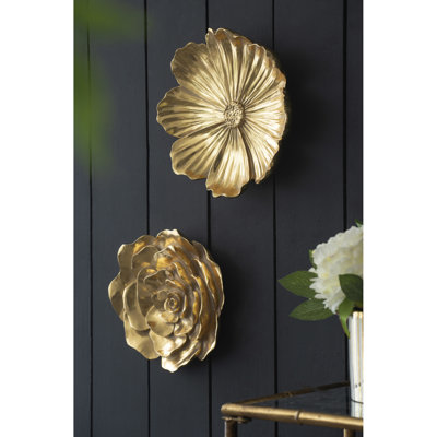 2 décorations murales roses dorées, ton doré riche, motif de pétales complexes, polyvalent pour le salon, la chambre à coucher, les suspensions de couloir - de 2, abat-jour, détails, couloir, décoration de chambre à coucher