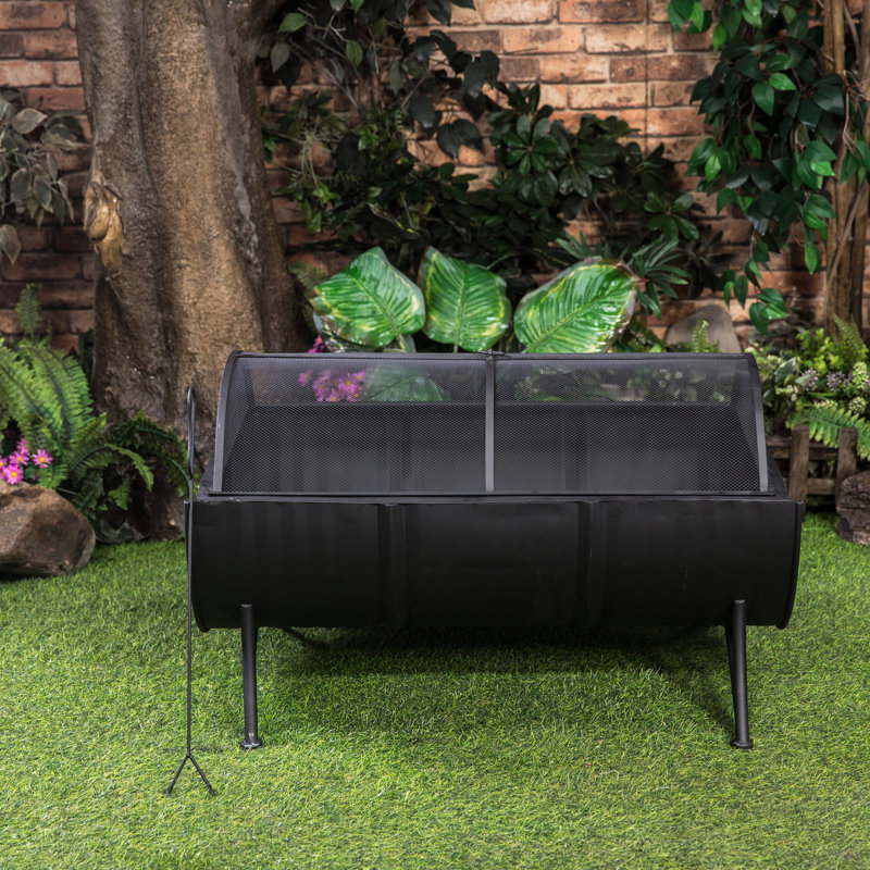 Black Rectangular Steel Wood-Burning Fire Pit with Grill