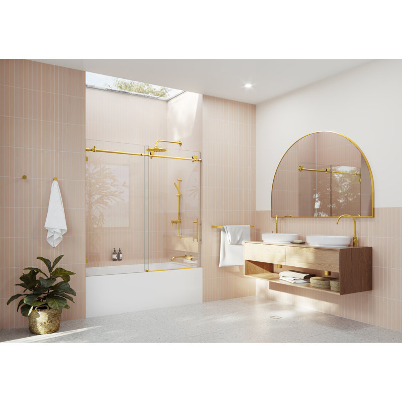 Eclipse 56 - 60 in. x 60 in. Fully Frameless Sliding Bathtub Door, Satin Brass