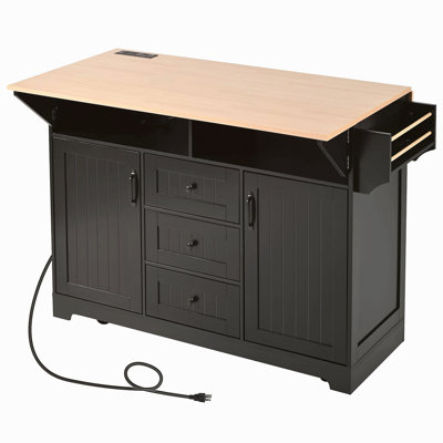 55.7'' Large Kitchen Island With 2 Drop Leaf,, Rolling Kitchen Cart On 5 Wheels With Power Outlet, Folding Storage Dining Table With Spice & Towel Rack , 3 Drawers, For Kitchen, Dining Room