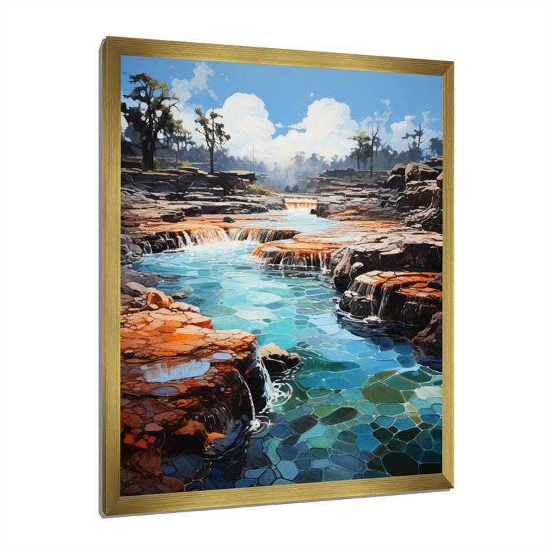 Shinde Geyser Erupting Azure Patchwork I, H 40 po x l 30 po x P 1,5 po, Encadrement doré