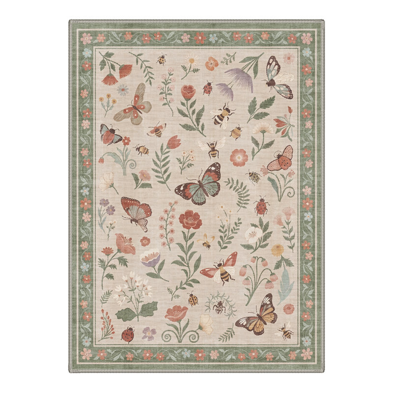 Adonis Elyra Boho Machine Washable Beige / Green Indoor Area Rug with Non-Slip Backing, Rectangle 8' x 10'