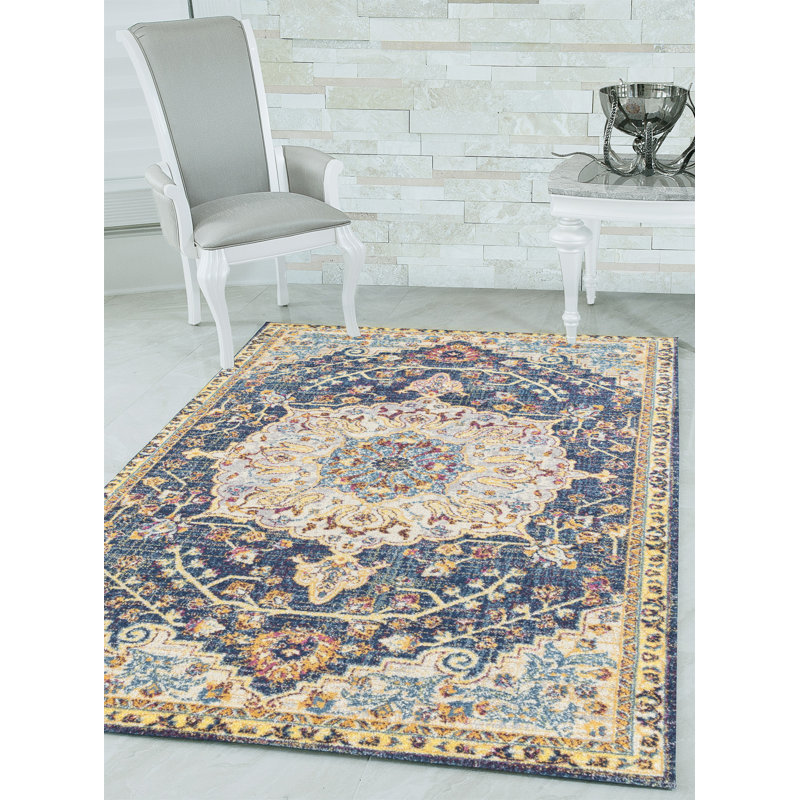 Tapis bleu à motif médaillon, Rectangle 7 pi 10 po x 10 pi 6 po