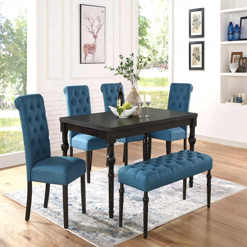 Ensemble de salle à manger 6 pièces en bois délavé foncé: table et 4 chaises + banc, Bleu