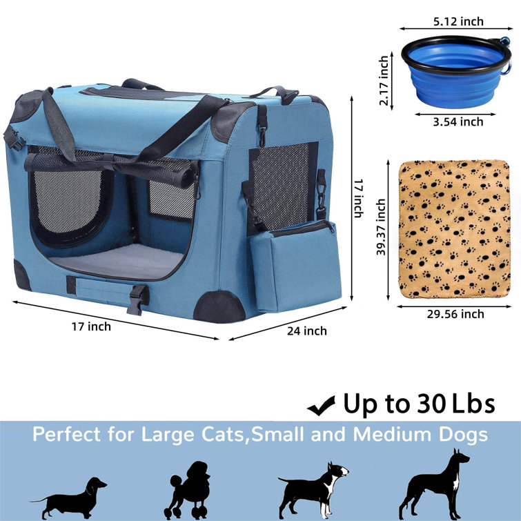 https://assets.wfcdn.com/im/98815953/resize-h755-w755%5Ecompr-r85/2500/250060047/Portable+Collapsible+Dog+Crate%2C+Travel+Dog+Crate+24X17x17+With+Soft+Warm+Blanket+And+Foldable+Bowl+For+Large+Cats+%26+Small+Dogs+Indoor+And+Outdoor.jpg