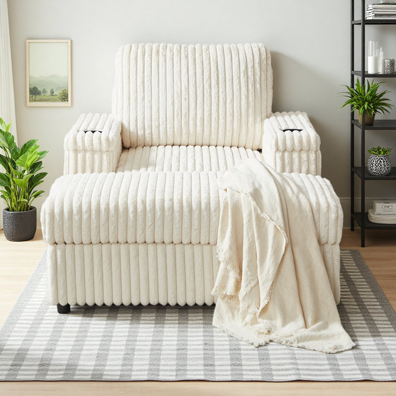 Fauteuil inclinable simple en velours côtelé de 42,5 pouces avec coussin de dossier, porte-gobelet et repose-pieds de rangement