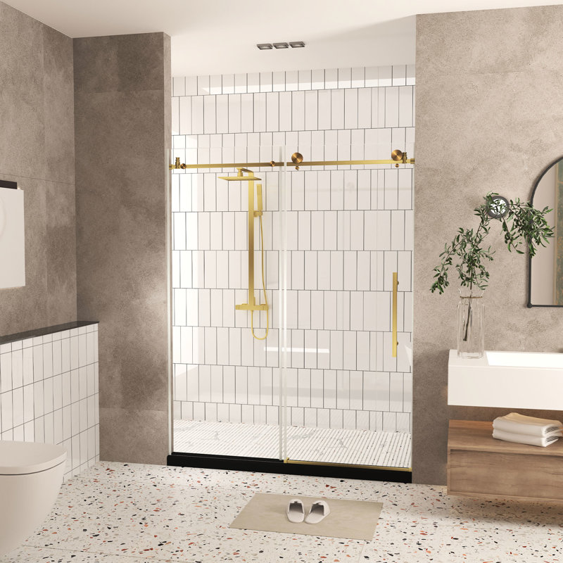 Bathroom Shower Door 56 - 60"w X 76"h, 1/4"(6 Mm) Clear Tempered Glass With Stainless Steel Handle In Brushed Gold, American Design, Proof Film, Large Wheels And Round Tracks, Hygienic Glass, Design