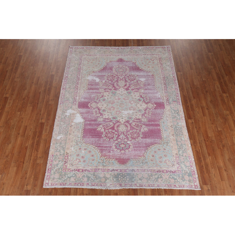 Tapis persan Kerman en laine patiné Karcynn noué à la main 7 x 9