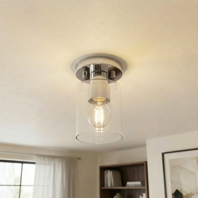 1-Light Semi-Flush Mount Cylinder Glass Shade Light(Silver), Silver