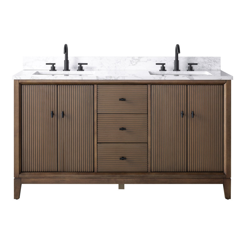 Meuble-lavabo autoportant à double cuve 60 po avec plateau en marbre Caldwell, Noyer, Blanc Arabescato, Noir mat