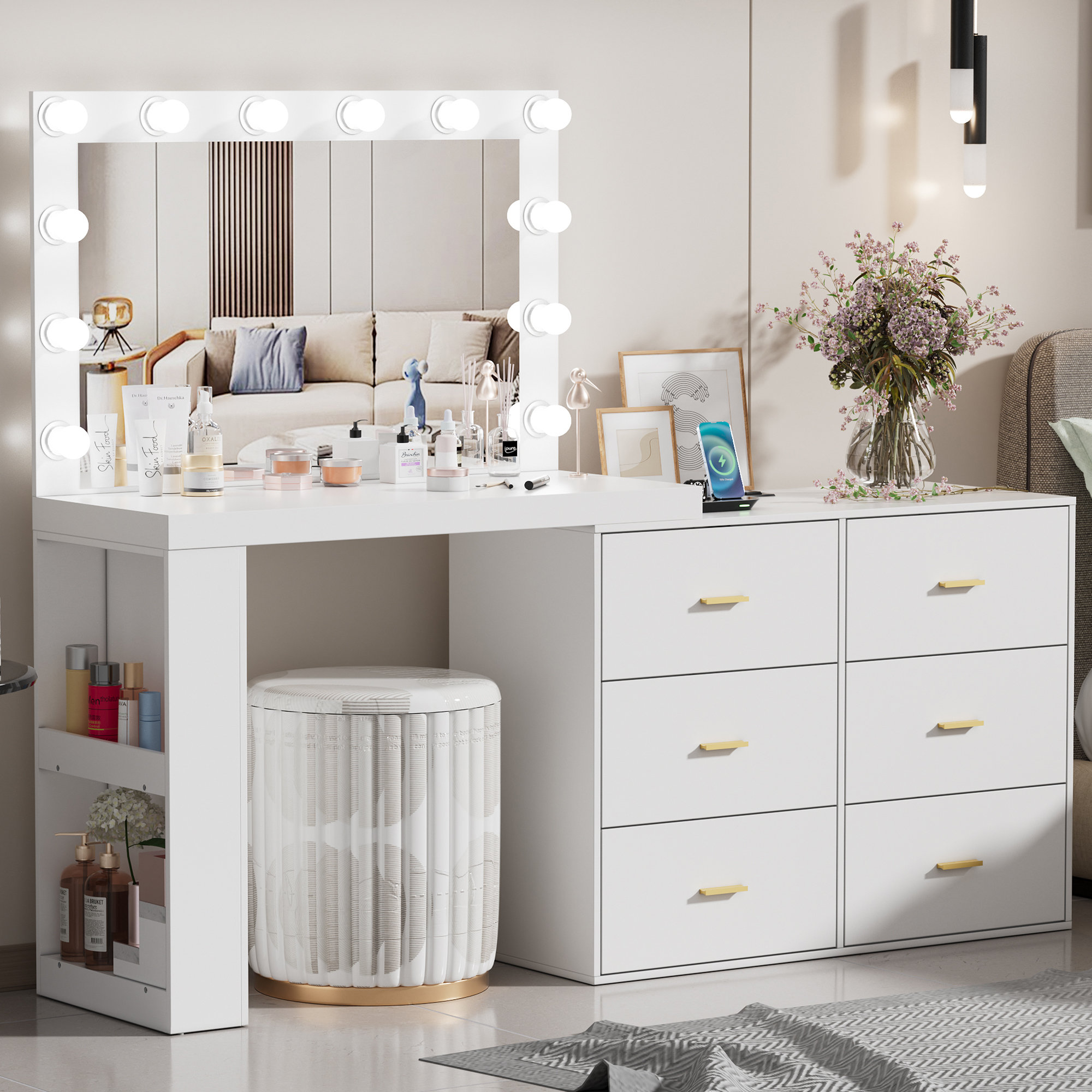 KEUVEN Vanity Desk with Flip Top Mirror and Lights, Makeup Table with 3 Drawers and Stool Storage, Vanity Mirror with Lights 3 Color Dimmable for