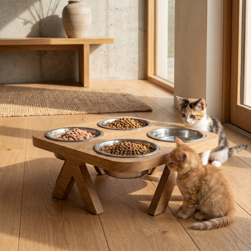 Station d'alimentation pour animaux de compagnie quadruple, style rustique moderne, couleur marron, avec bols en acier inoxydable