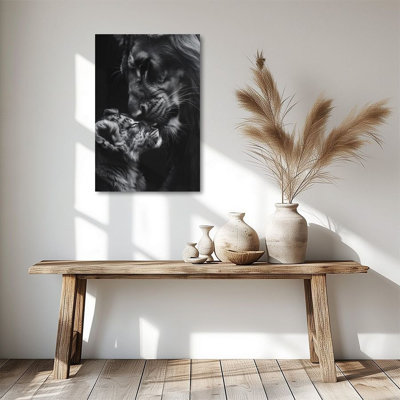 Lion and Cubs, Family Interaction, Black and White Realism Gallery Wrapped Canvas Wall Art, 24" H x 36" W Ready to Hang