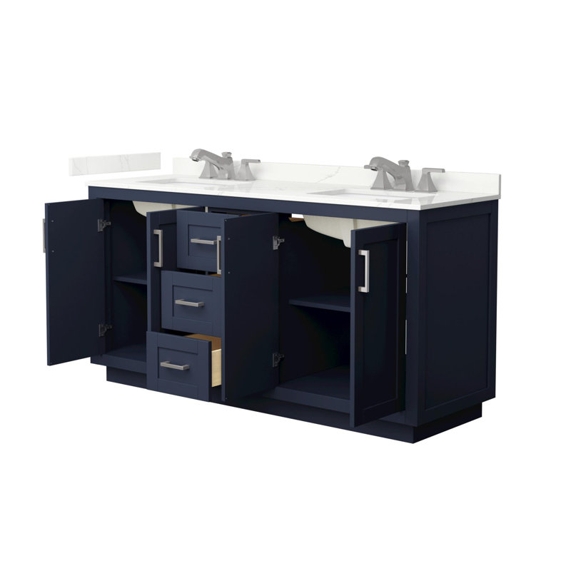 Miranda 66" Freestanding Double Bathroom Vanity with Quartz Top, Dark Blue, Giotto Quartz, Brushed Nickel