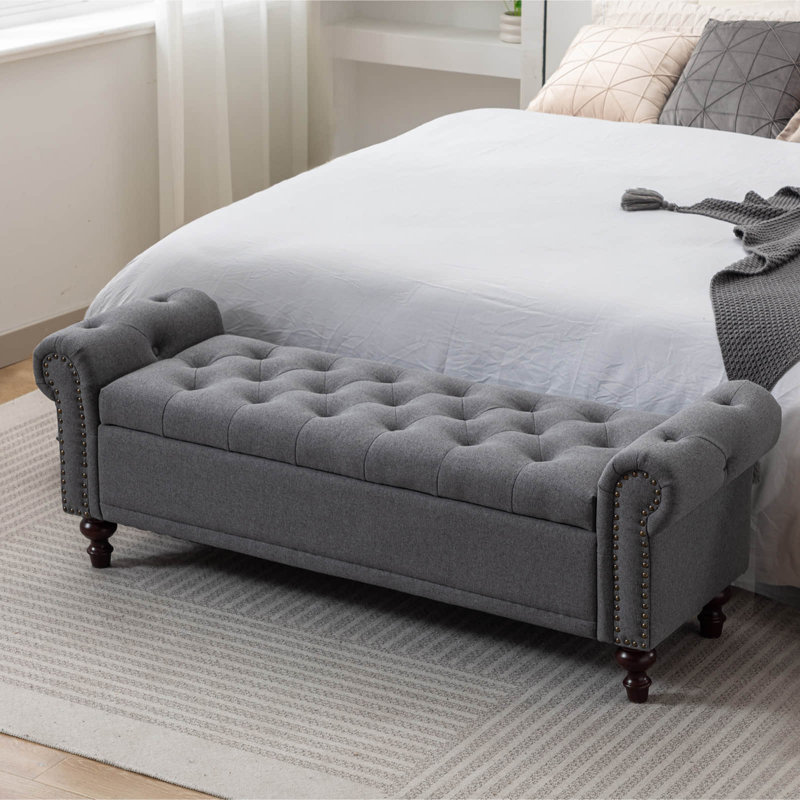 Velvet/Linen Upholstered Storage Bench With Segmented Storage Compartments, Grey
