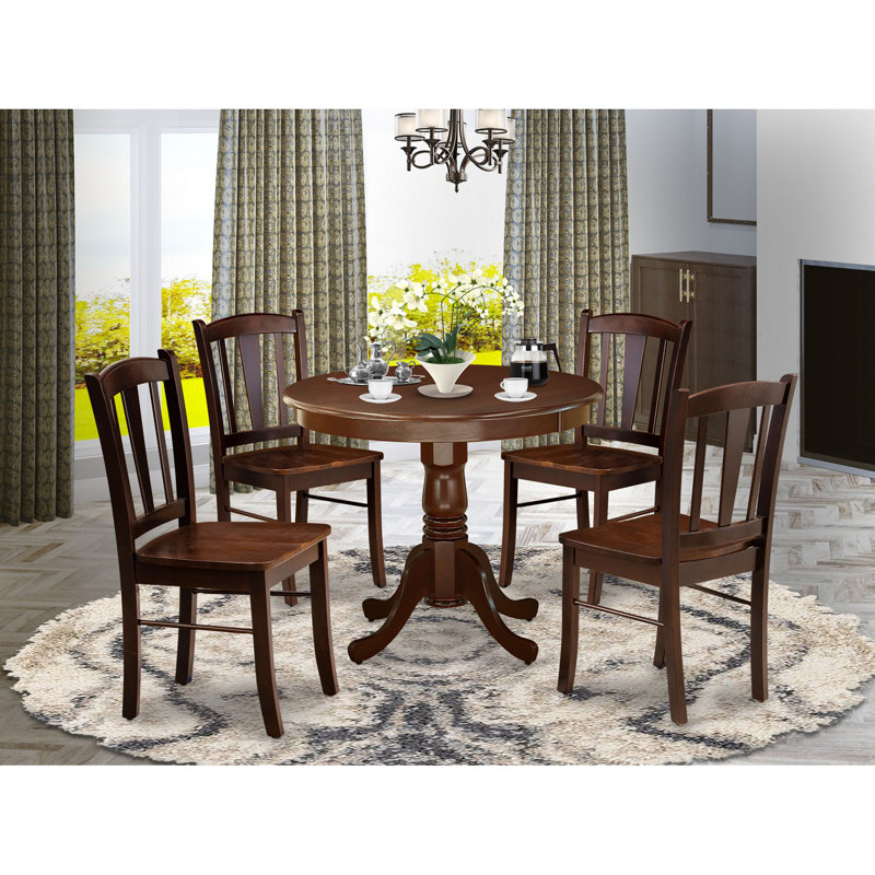 5 Piece Modern Dining Table Set Includes a Round Kitchen Table with Pedestal and 4 Dining Room Chairs, Mahogany, Mahogany, 5