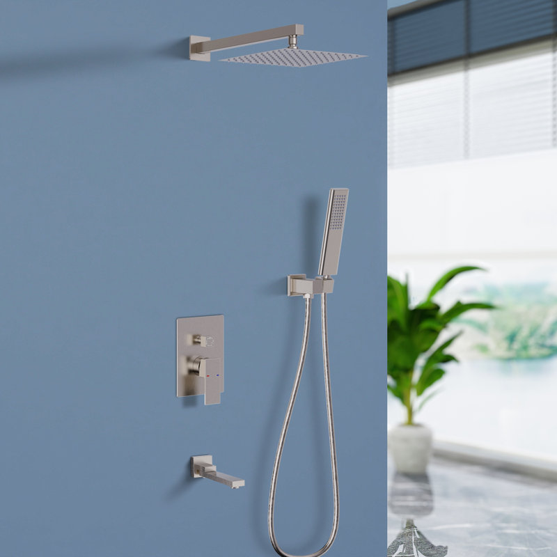 Topcraft Wall-Mounted 10-Inch Rain Shower System With Handheld Showerhead And Tub Spout, Brushed Nickel