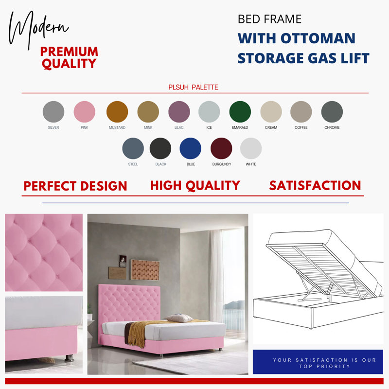 Adriella Upholstered Ottoman Storage Bed, Double (4'6), Pink