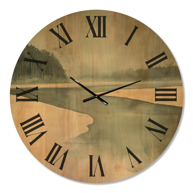 Estuaire de la barre de sable tranquille I - Horloge murale ronde verte côtière, impression sur bois, Très grand
