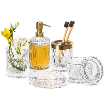 6PCS Bathroom Clear Glass Accessories Set (Lotion Soap Dispenser, Soap Dish, Toothbrush Holder, Tumbler, Cotton Swab Jar), Contemporary Modern Decor Crystal Vintage Gift (6Pcs Clear)