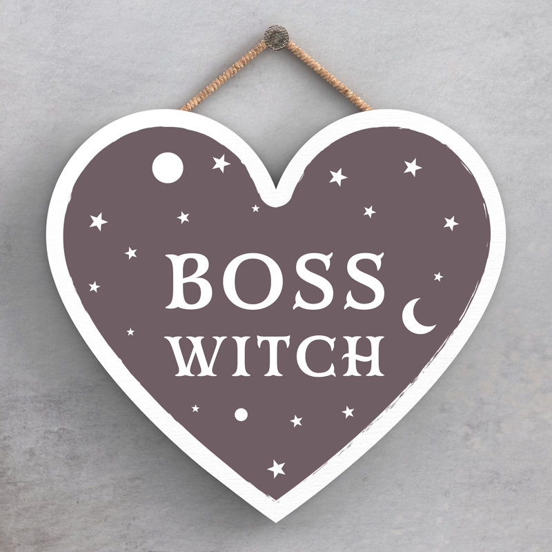 Boss Witch Wooden Heart Plaque, 16cm H x 17cm W x 0.9cm D
