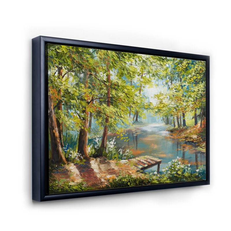 Forêt d'automne avec rivière sinueuse - Peinture sur toile, H 16 po x l 32 po x p 1 po, Cadre flottant noir