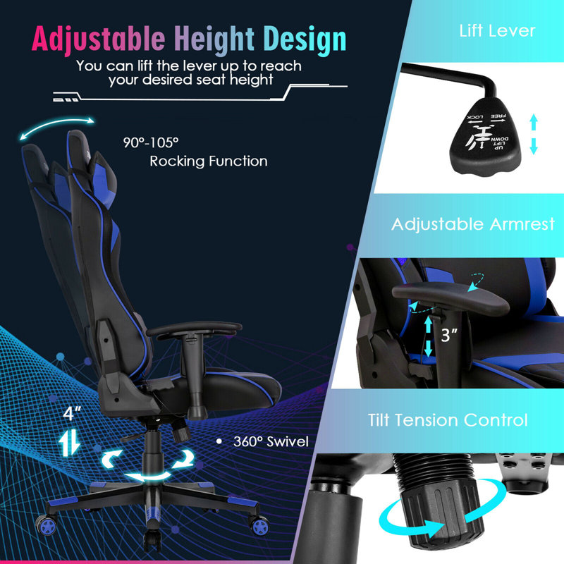 Chaise d'ordinateur de bureau Gymax, Bleu et noir