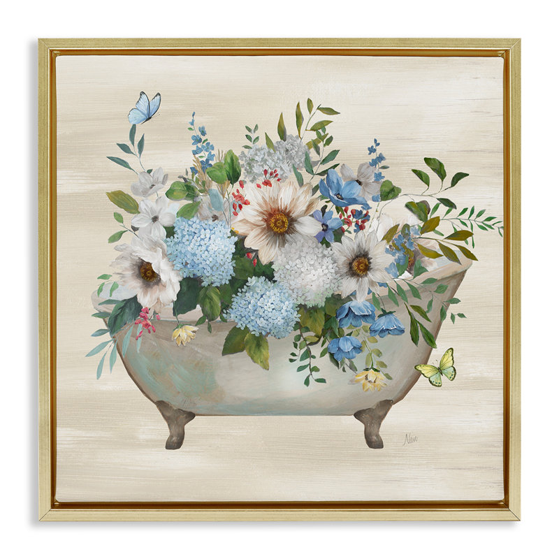 "Floral Bouquet Bath", art mural encadré flottant doré par Nan, Cadre flottant métallique doré, H 25 po x l 25 po