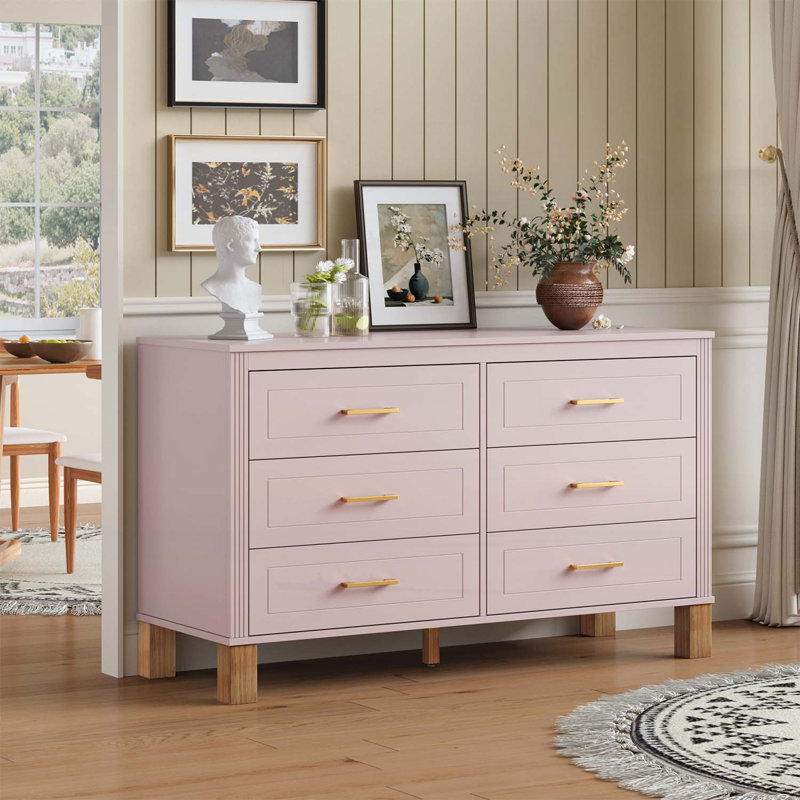 Armoire de rangement 6 tiroirs avec poignées en métal, pieds en bois, Pink