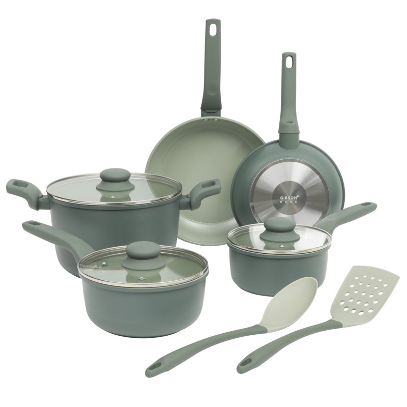 Sage Green Aluminum Nonstick 10-Piece Cookware Set with Kitchen Tools