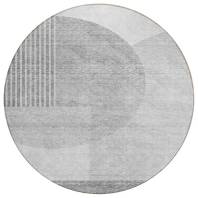 8' Gray Silver Round Geometric Washable Indoor Outdoor Area Rug
