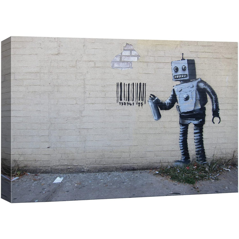 Banksy Robot Spray, peinture à code-barres sur toile, Toile tendue, H 32 po x l 48 po x P 1,5 po