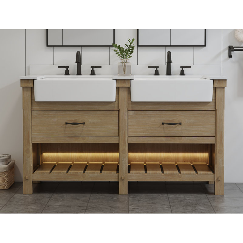 Meuble-lavabo double 60 po avec lavabo en pierre Maxbano Farmhouse, Marron clair