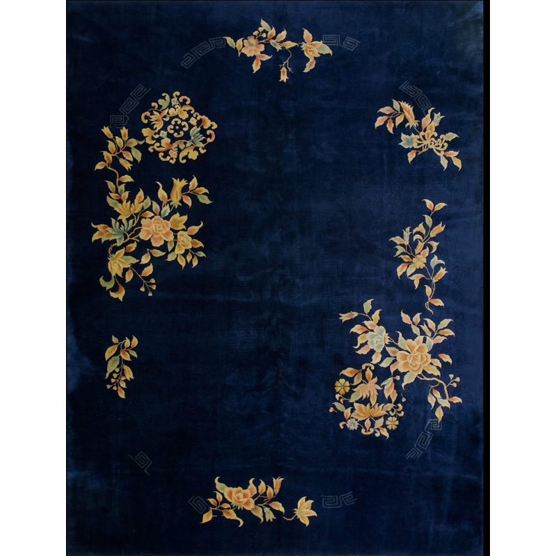 Antique Art Deco Chinese Floral Blue Navy 1930s Rug