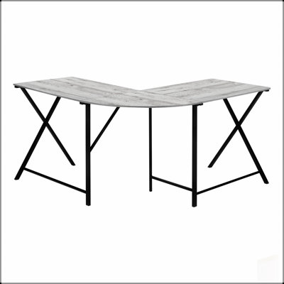 L-Shaped Computer Desk for Home Office with Spacious Two-Tone Grey Laminate Top and Sturdy Metal Base, Ideal for Modern Workspaces.