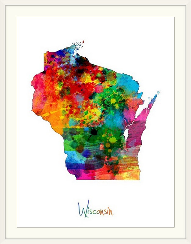 " Wisconsin Map " by Michael Tompsett, White Frame, 24" H x 20" W x 1" D