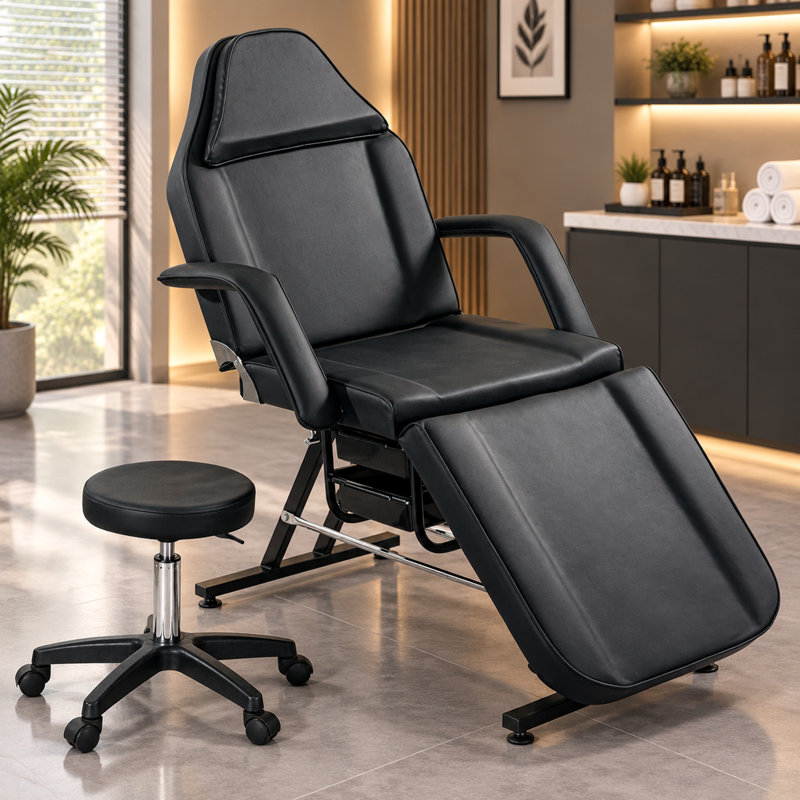Fauteuil de massage réglable en 3 sections pour salon de tatouage/lit d'esthétique avec tabouret hydraulique, Black