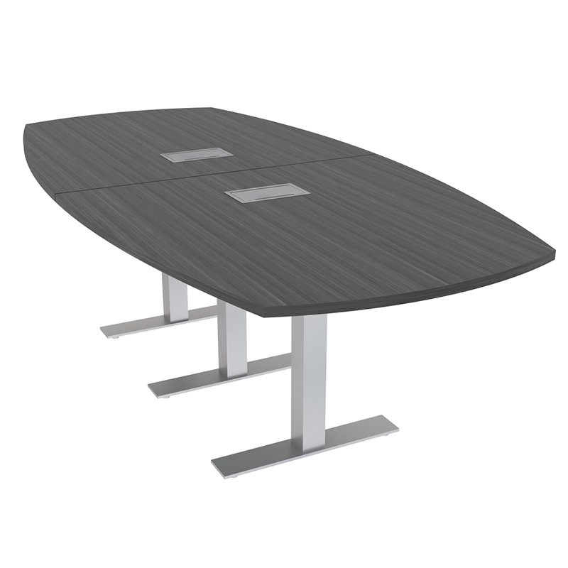 Table de conférence Arc Boat avec bases en T en métal et modules de données, L 96 po x l 48 po, Nuit asiatique, Argent argent