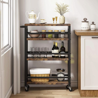 20" Slim 4-Tier Rolling Utility Cart With Wheels, Narrow Kitchen Storage Trolley For Small Spaces, Wood And Metal Spice Rack Organizer, Mobile Shelvin