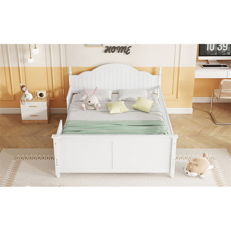 Lit double pour enfants, lit plateforme double en bois avec tête et pied de lit, Lit double, Blanc