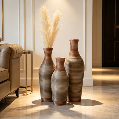 Ensemble de 3 vases de sol en rotin tissés à la main, imitation de rotin brun décoratif - maison de ferme, hauteur de 20,47 po à 28,35 po